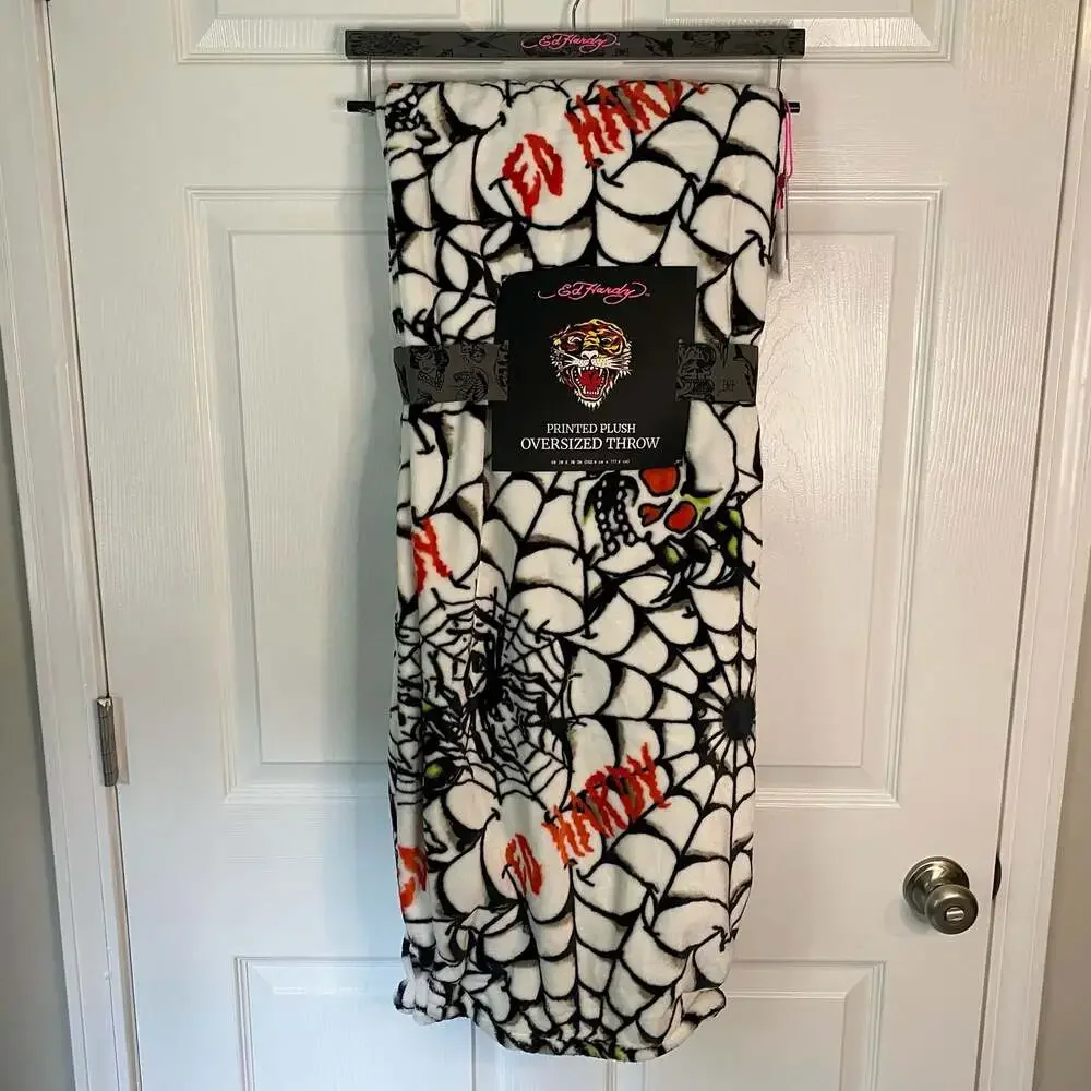 Ed Hardy Printed Plush Oversized Throw Blanket 60x70 Tiger Spiderweb Halloween